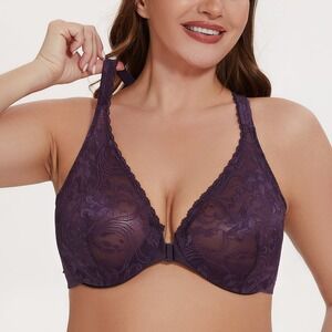 Meleneca NEW Underwire Bra 44DD Purple Lace Front Closure‎ Racerback